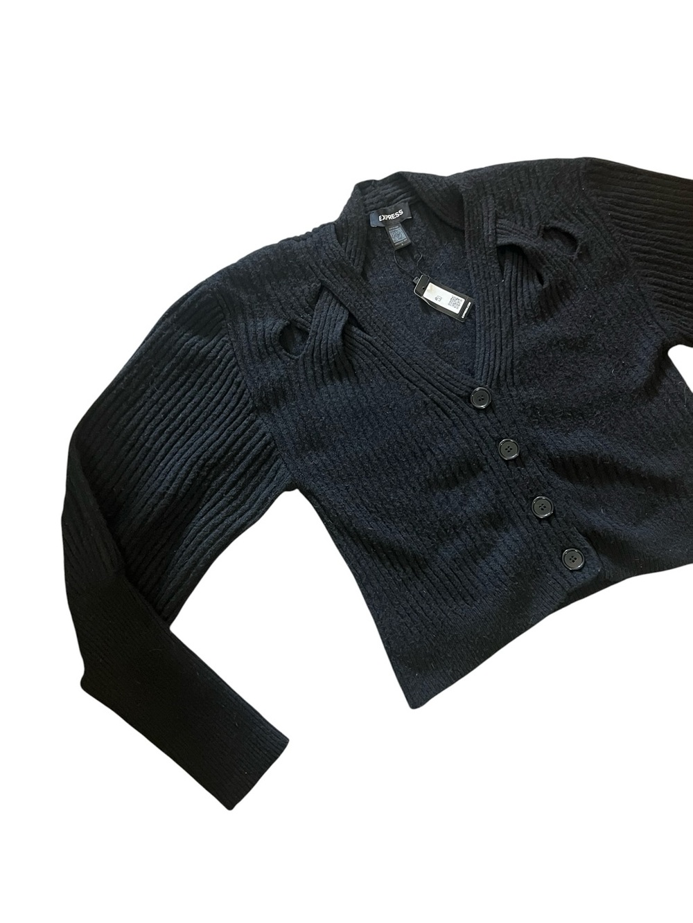 Express Black Ribbed Button-Up V-Neck Cardigan